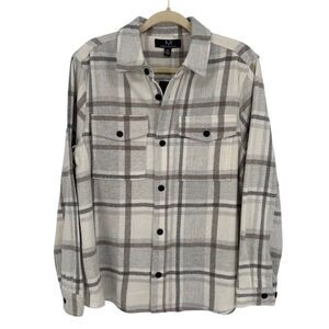 Magaschoni‎ Plaid Brushed Flannel Shacket Jacket Overshirt Tan/Gray Small NWT